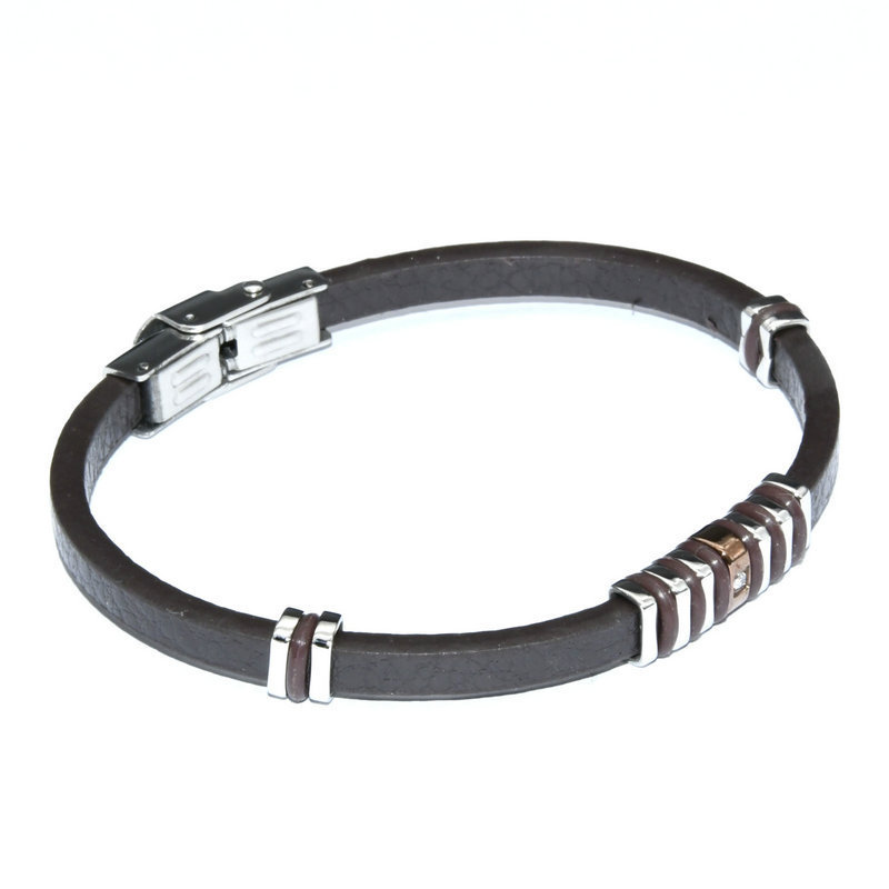 Luxury Men's Jewelry White CZ Setting Stainless Steel Genuine Brown Leather Bracelet