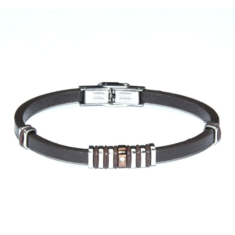 Luxury Men's Jewelry White CZ Setting Stainless Steel Genuine Brown Leather Bracelet