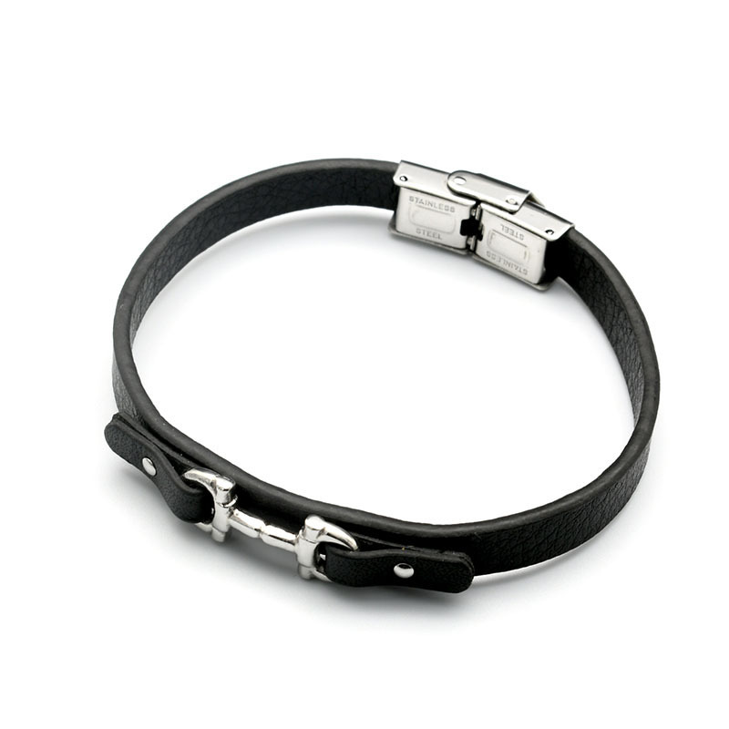 Genuine Black Leather Stainless Steel Horse Shoes Cuff Bangle Bracelet for Men