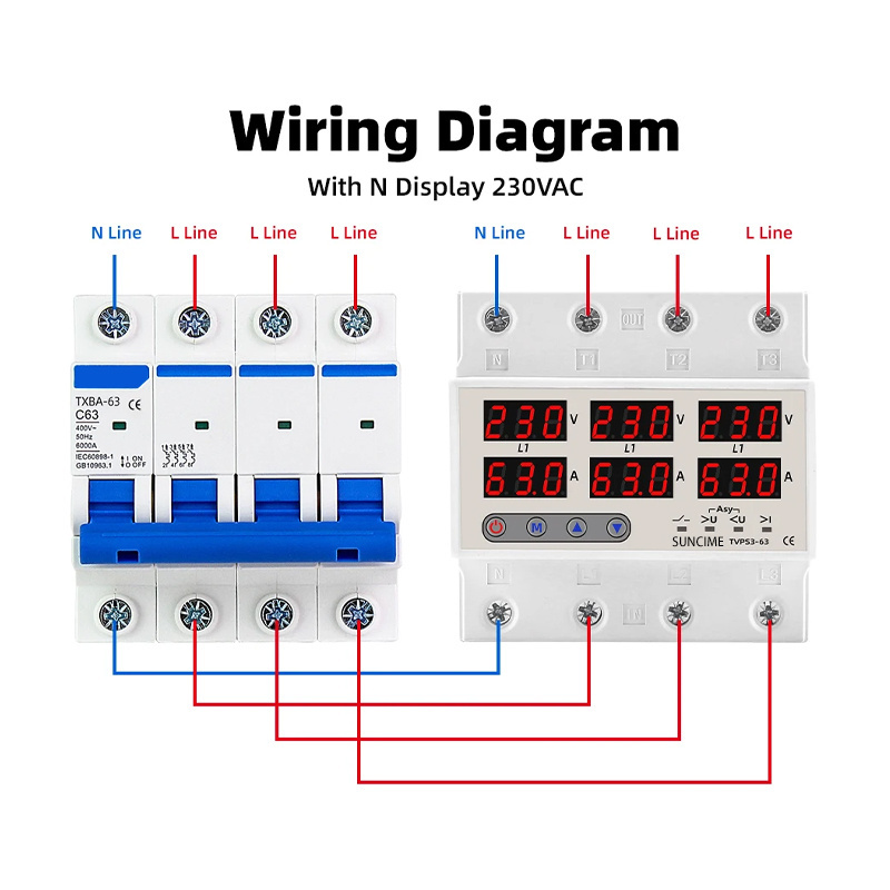 Three Phase Adjustable Over and Under Voltage Protector 3 Phase Automatic Recovery Protective Device Reset 63A 380V Voltage Prot