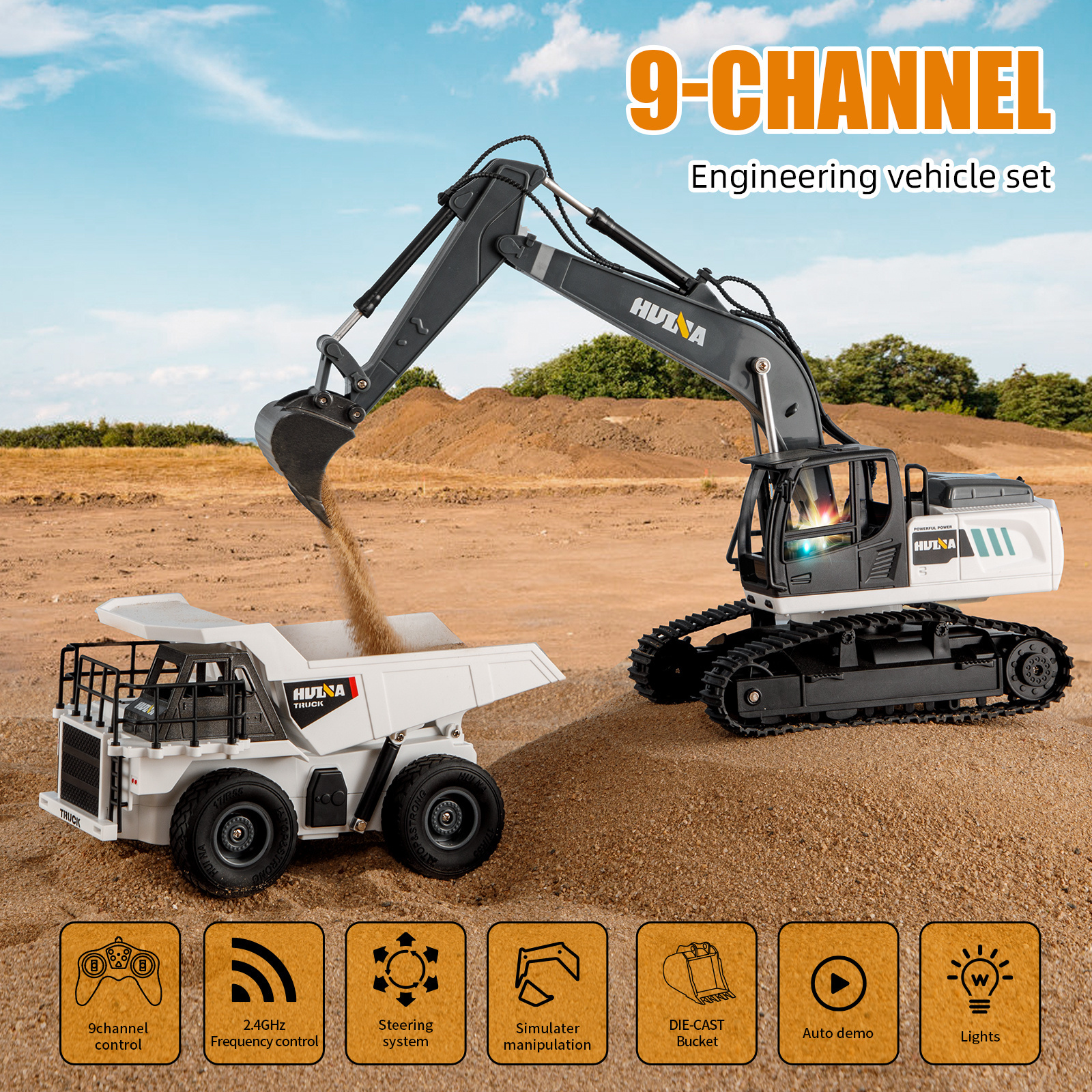 HUINA 1559 2 In 1 Remote Control Excavator & Dump Truck 2.4GHz 1/24 Scale 9 Channel Semi-Alloy RC Truck Car