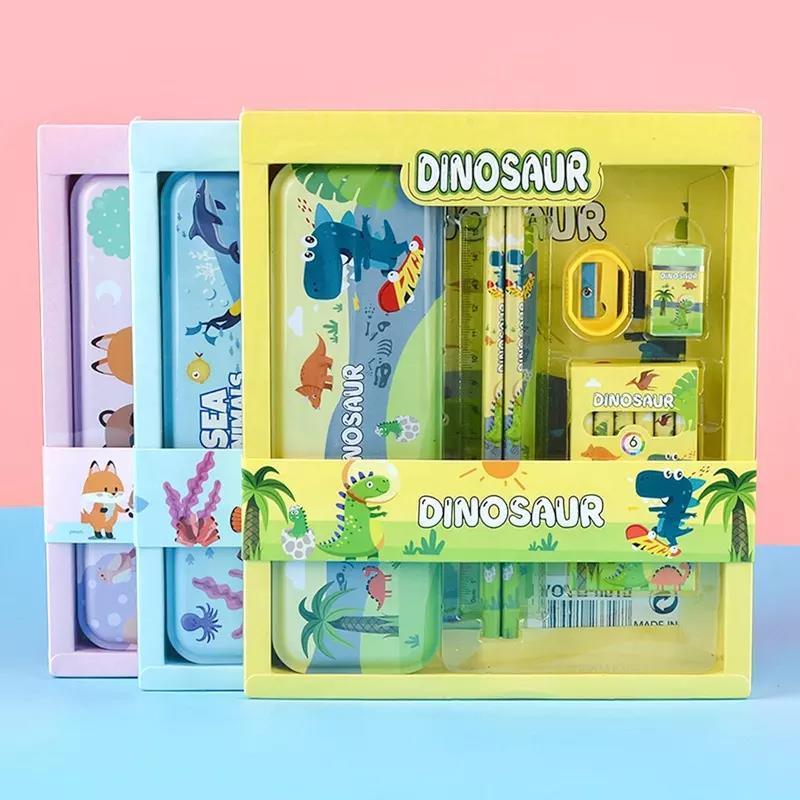 1 Set Cartoon Kawaii Pencil Ruler Eraser Sharpener 9 In 1 Stationery Set for Boy Girls Kids Gift School Office Supplies Gift