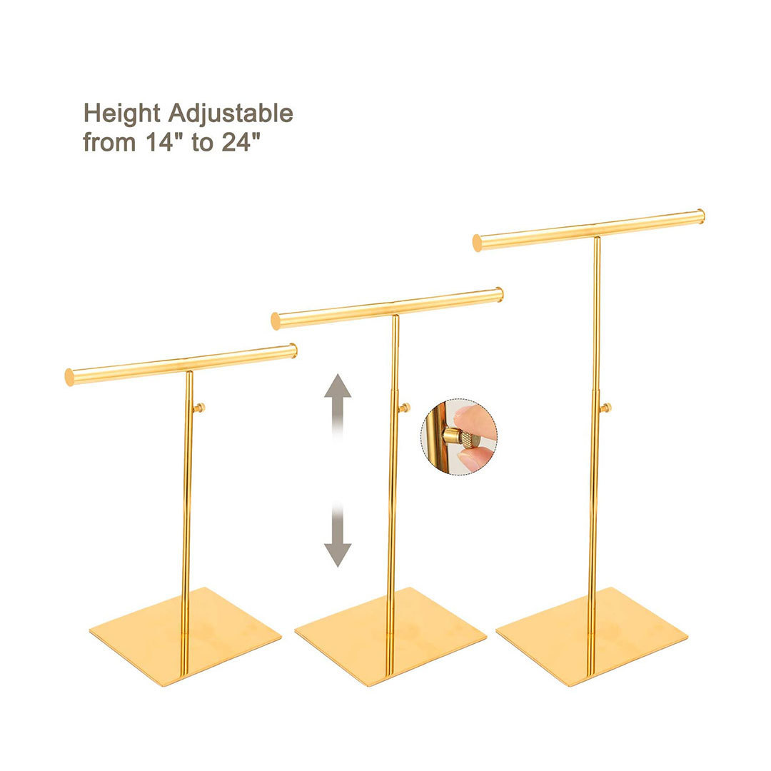 Gold Jewelry Necklace Display Stand - Adjustable T Bar Hanging Jewelry and Purse Display Stand for Retail Shops