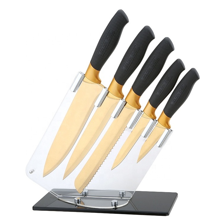 Yangjiang Factory Luxury Non stick Black color Blade w/Gold finger guard and non-slip handle with logo chef knife set, ODM brand