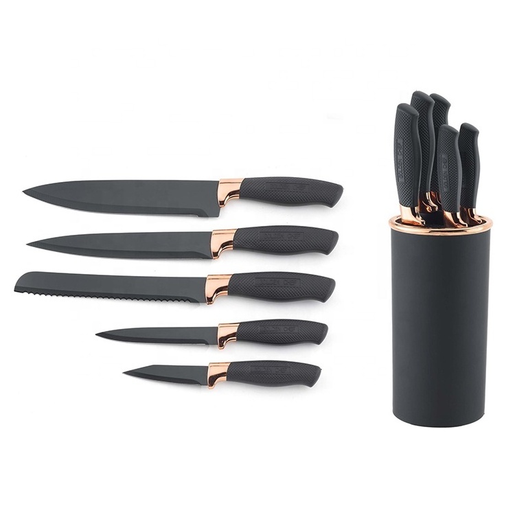 Yangjiang Factory Luxury Non stick Black color Blade w/Gold finger guard and non-slip handle with logo chef knife set, ODM brand