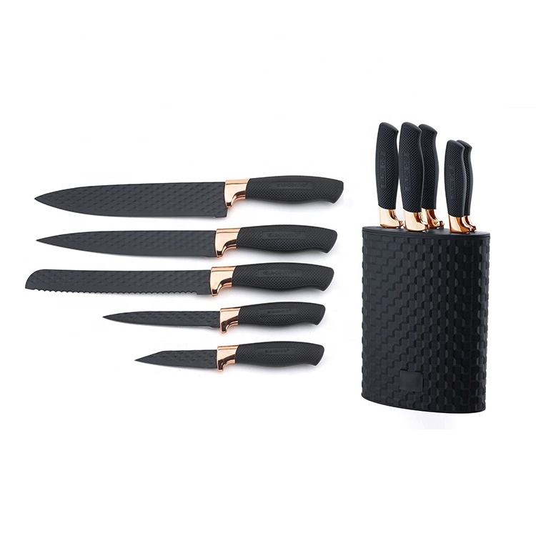 Yangjiang Factory Luxury Non stick Black color Blade w/Gold finger guard and non-slip handle with logo chef knife set, ODM brand