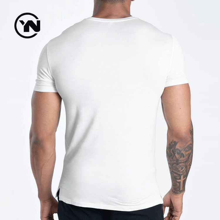 High Quality Man Designer V Neck Split Hem Plain White Bamboo Blank Sweat T Shirts For Men 2021