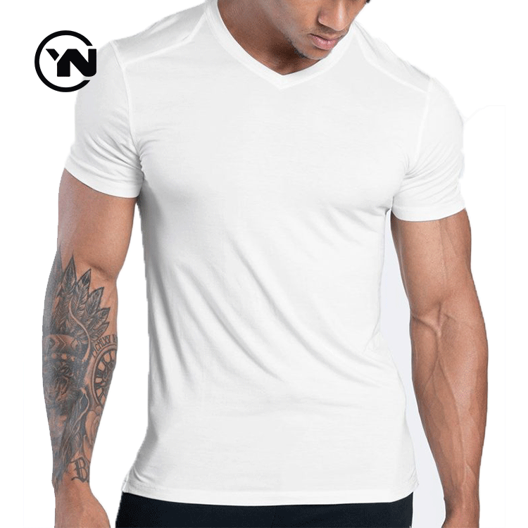 High Quality Man Designer V Neck Split Hem Plain White Bamboo Blank Sweat T Shirts For Men 2021