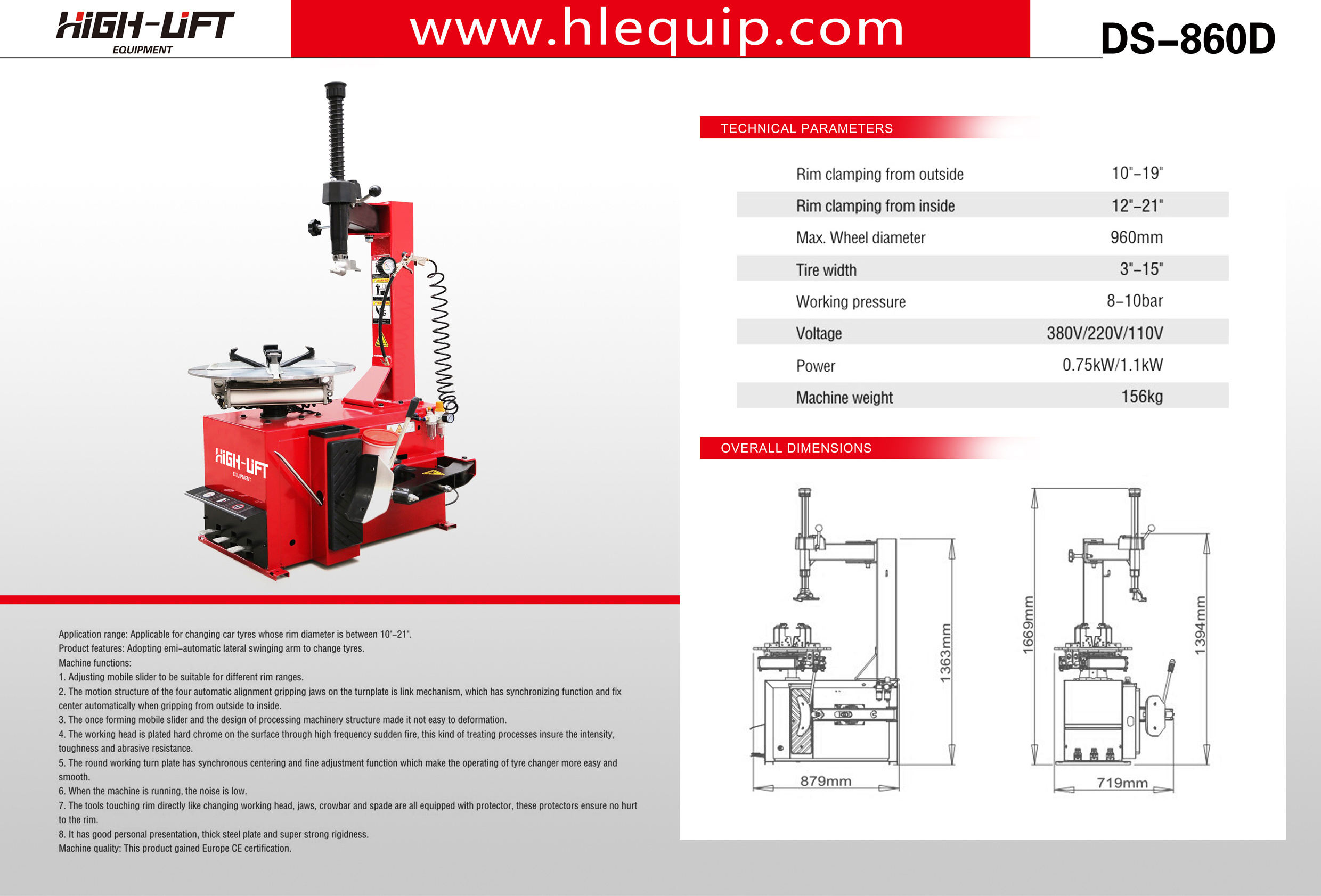 DS-860D   Semi automatic tyre changer with side swing arm design suitable for 3-15'' tyre width