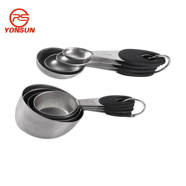 8pcs Premium Stainless Steel Oval shape Measuring Spoons cups set with Rubber handle Baking Tools Set