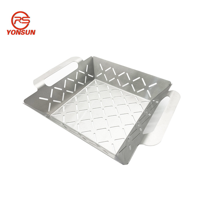 2 different Size Grill Tools Square Stainless Steel Cooking BBQ Grill Basket Tray Barbecue Plate Vegetable Grill Pan With Handle