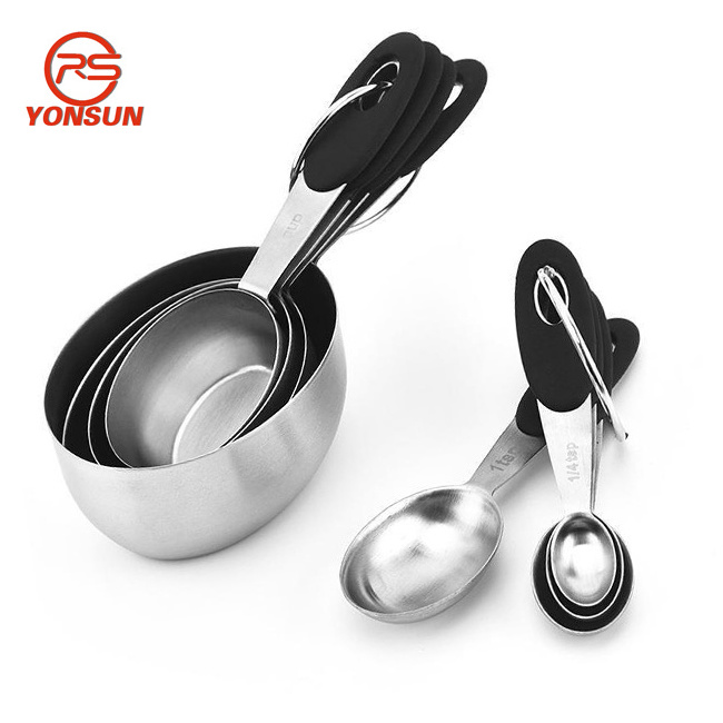 8pcs Premium Stainless Steel Oval shape Measuring Spoons cups set with Rubber handle Baking Tools Set