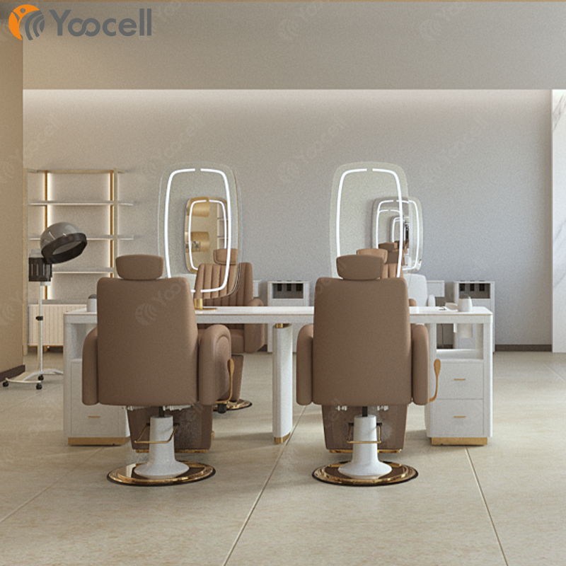 Yoocell beauty salon furniture barber chair mirror luxury hair salon mirror station with cream leather storage for barber shop