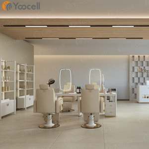 Yoocell beauty salon furniture barber chair mirror luxury hair salon mirror station with cream leather storage for barber shop