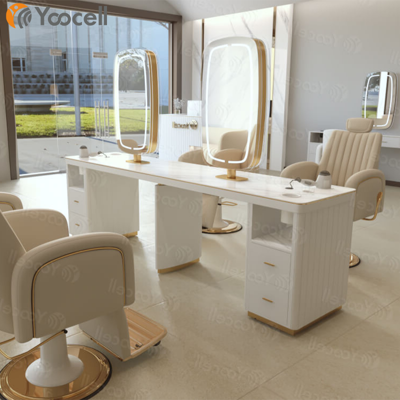 Yoocell beauty salon furniture barber chair mirror luxury hair salon mirror station with cream leather storage for barber shop