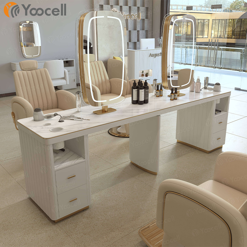 Yoocell beauty salon furniture barber chair mirror luxury hair salon mirror station with cream leather storage for barber shop