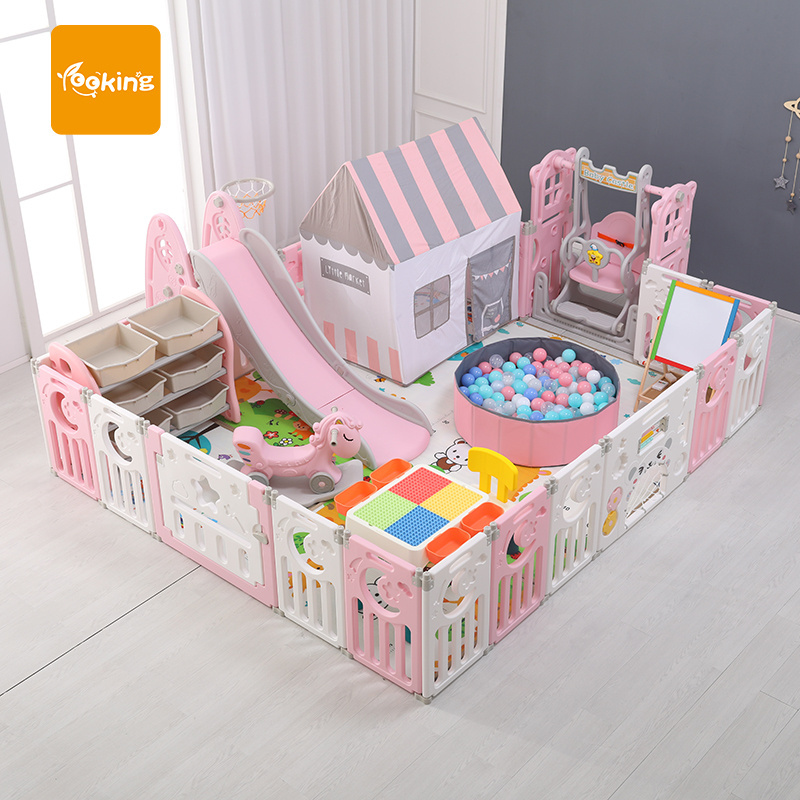 Hot Sale Playpen Fence Baby Play Folding Indoor Kids' Plastic Full Sets Corrales Para Bebes Playpen With Slide And Swing