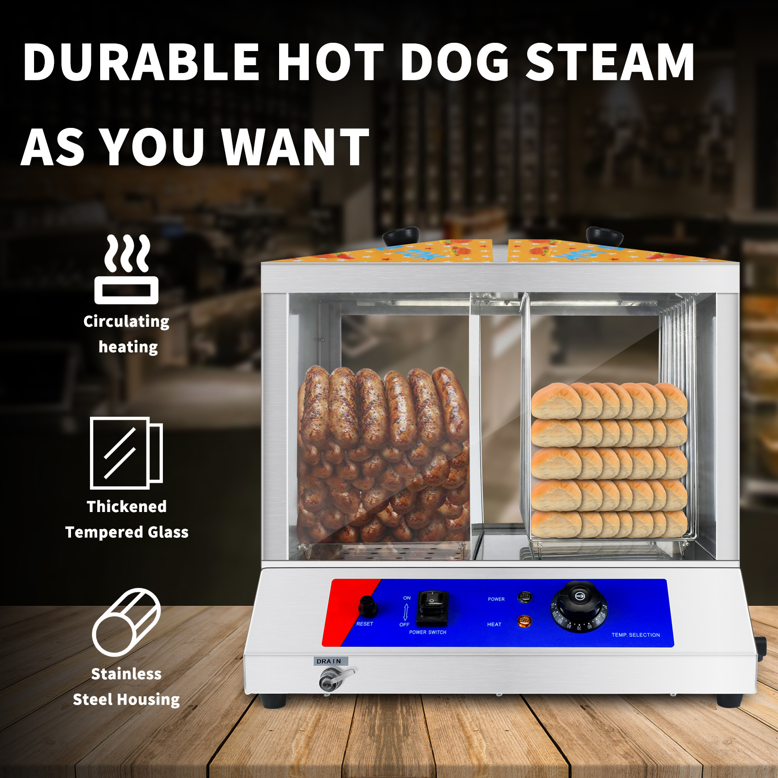 Stainless Steel Hot Dog Warming Showcase Electric Bun Warmer Commercial Hot Dog Steamer