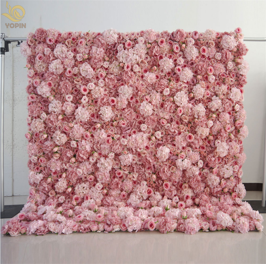 YOPIN-101 3D Cloth Back Artificial Silk Roll Up Flower Wall Rose Wedding Backdrop