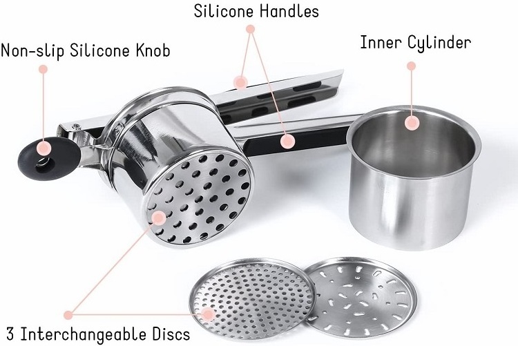 Kitchen grater Potato Ricer With 3 Interchangeable Discs  Stainless Steel Creates Smooth Masher