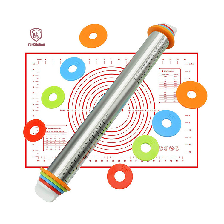 Adjustable Stainless Steel Rolling Pin with Thickness Rings (Silicone Baking Pastry Mat - SELLING SEPARATELY)