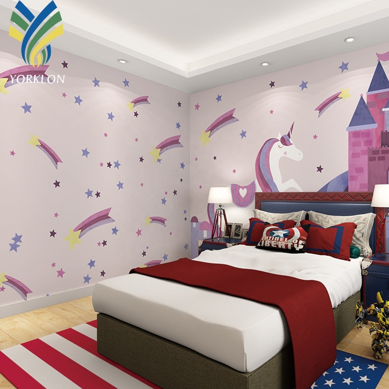 YKMK 092 Customized Mural Wall paper Pink 4D 3D Cartoon Wall Decoration Kids Baby Girls Bedroom Wallpaper