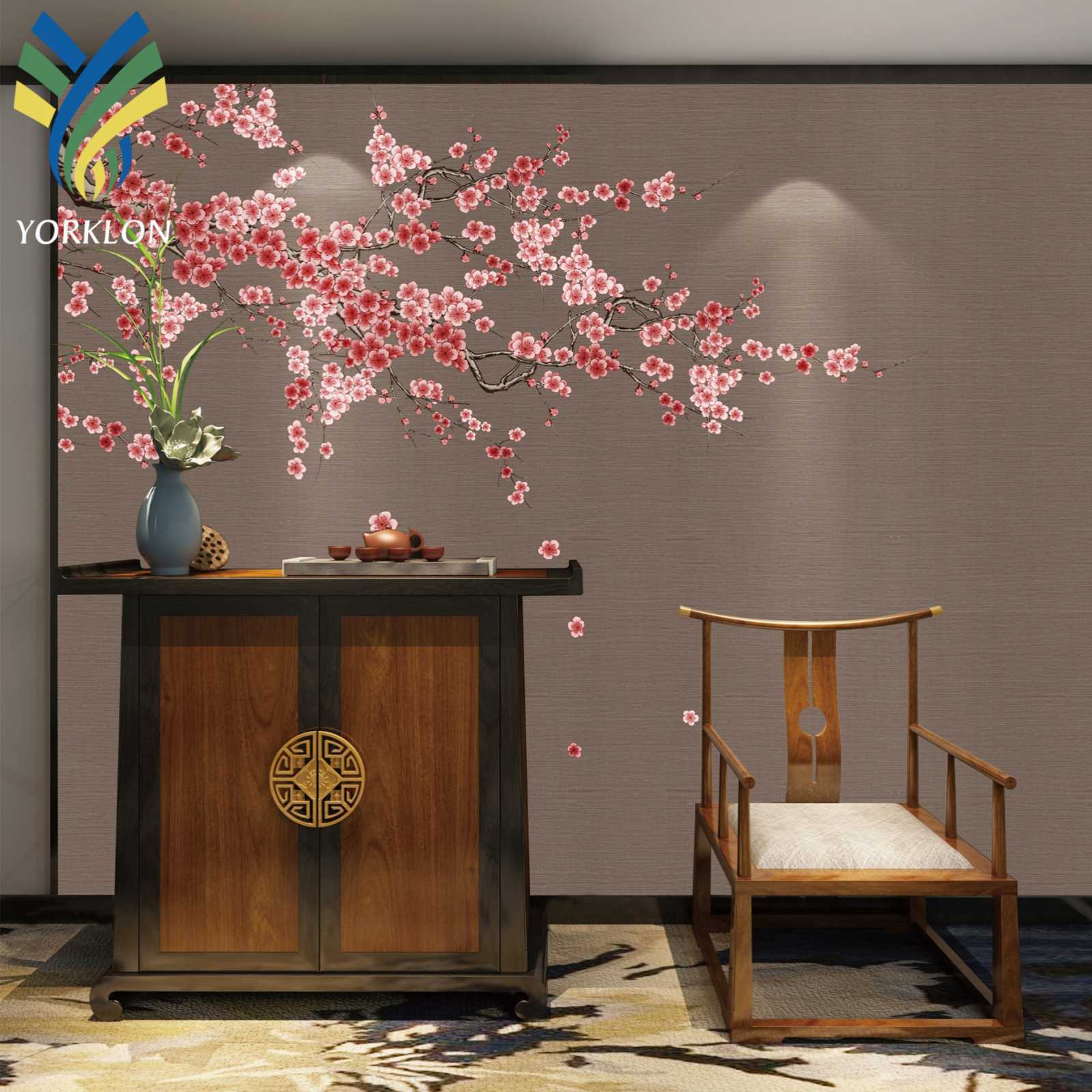 YKMC 310 Custom Printed Plum Blossom Red Floral Landscapes Chinoiserie Wall Mural 3D Restaurant Wallpaper