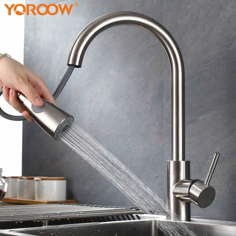 Kitchen Sink Faucets with Pull Down Sprayer Single Handle Brushed Nickel Pull Out Kitchen Faucet Cheap Price 304 Stainless Steel