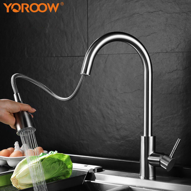 Kitchen Sink Faucets with Pull Down Sprayer Single Handle Brushed Nickel Pull Out Kitchen Faucet Cheap Price 304 Stainless Steel