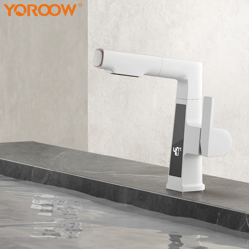 Intelligent digital display pull single hole white basin faucet can rise and fall telescopic gray washbasin cold and hot faucet