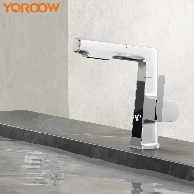 Intelligent digital display pull single hole white basin faucet can rise and fall telescopic gray washbasin cold and hot faucet