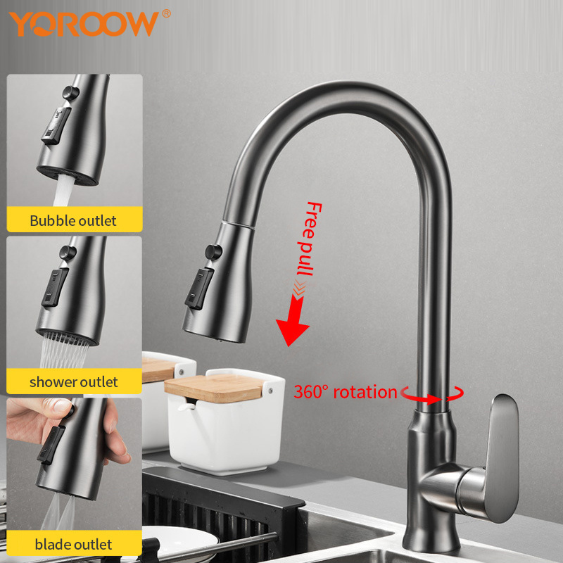 Copper gun ash pull-out hot and cold wash basin faucet telescopic rotating kitchen sink anti-splash universal faucet