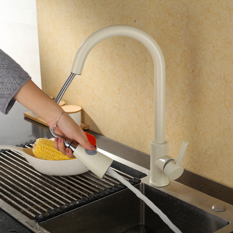 Unique Cuisine Kitchen Pullout Faucets Beige High Arc Single Handle Retractable Sprayer Kitchen Mixers