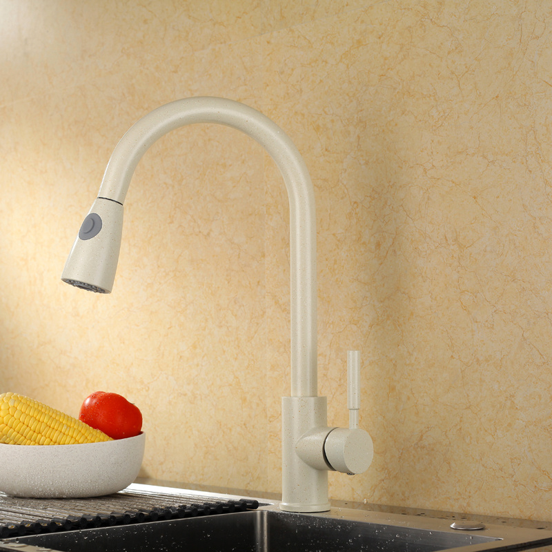 Unique Cuisine Kitchen Pullout Faucets Beige High Arc Single Handle Retractable Sprayer Kitchen Mixers