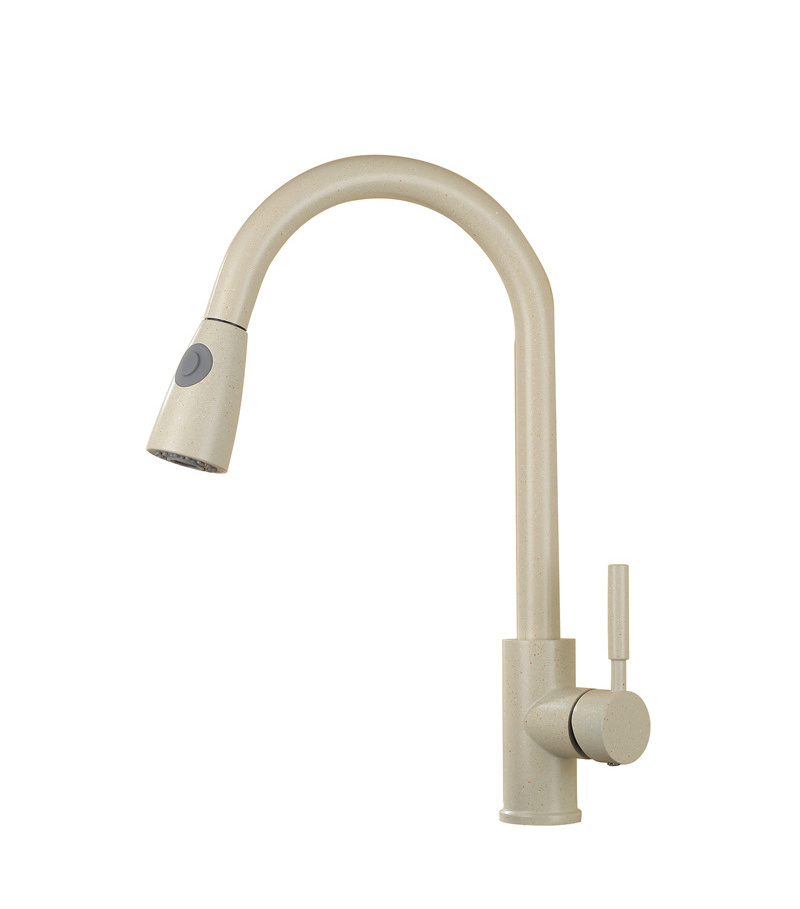 Unique Cuisine Kitchen Pullout Faucets Beige High Arc Single Handle Retractable Sprayer Kitchen Mixers