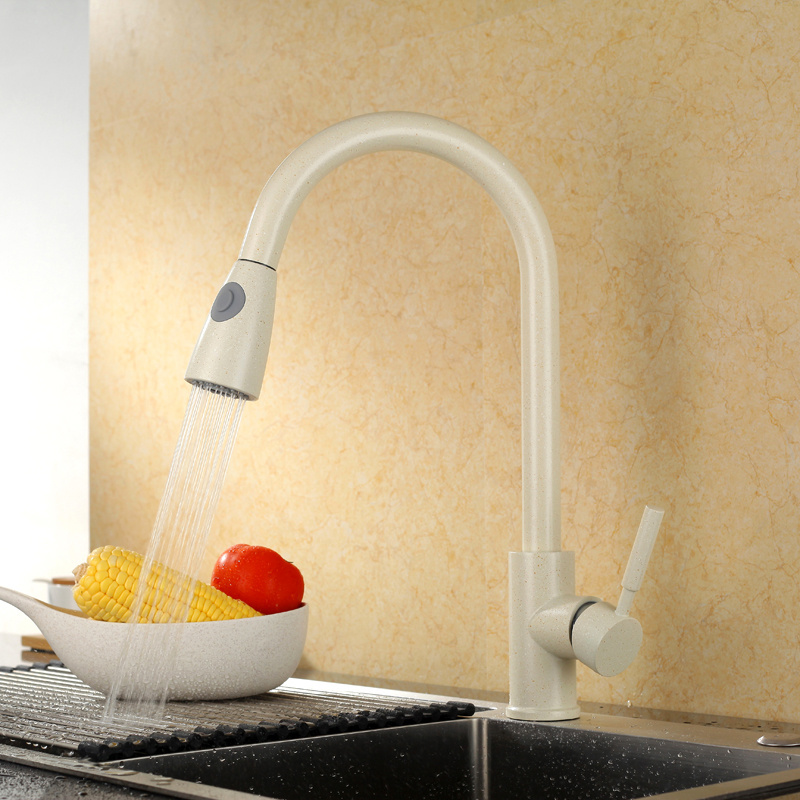 Unique Cuisine Kitchen Pullout Faucets Beige High Arc Single Handle Retractable Sprayer Kitchen Mixers