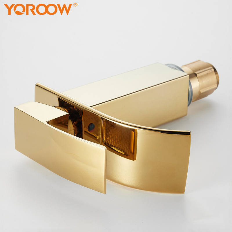 Waterfall Square Bathroom Vessel Sink Faucet Basin Mixer Tap Chrome Tall Body Single Handle One Hole Lavatory Faucet Gold Modern