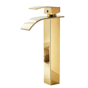 Waterfall Square Bathroom Vessel Sink Faucet Basin Mixer Tap Chrome Tall Body Single Handle One Hole Lavatory Faucet Gold Modern