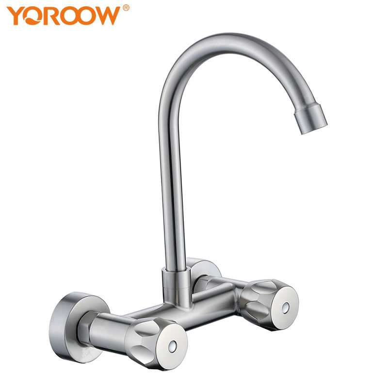 Modern new design wall mounted double handle kitchen tap long neck sus304 kitchen faucet