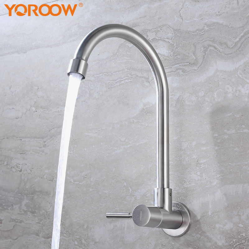 YOROOW good price single handle wall mounted brushed nickel kitchen faucet 304 stainless Steel cold water kitchen sink faucet