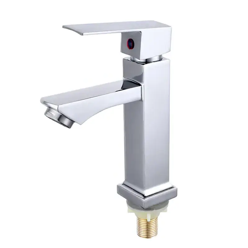 Factory Supplier Bathroom Sink Tap Deck Mounted Chrome Single Handle Single Cold Water Wash Hand Zinc Body Square Basin Faucet