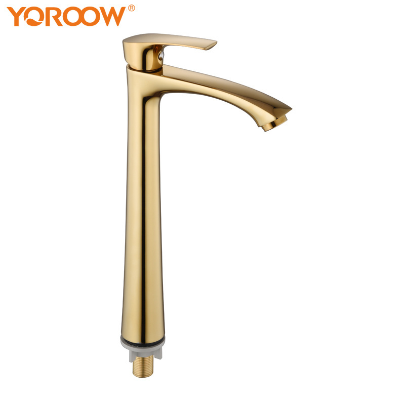 Gold Waterfall Spout Basin Faucet Tall Body Bathroom Vanity Sink Faucet Cold Water Zinc Body Lavatory Vessel Basin Faucet