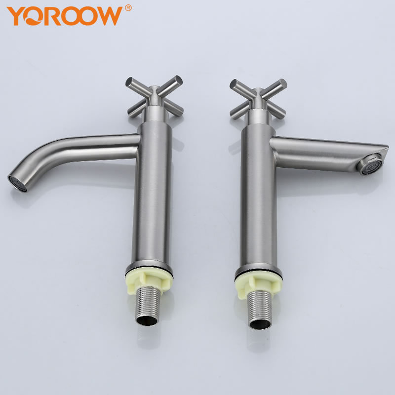 YOROOW 304SUS Cold Water Basin Faucet  Brushed Nickel Saving Water Cross Handle Basin faucet for bathroom