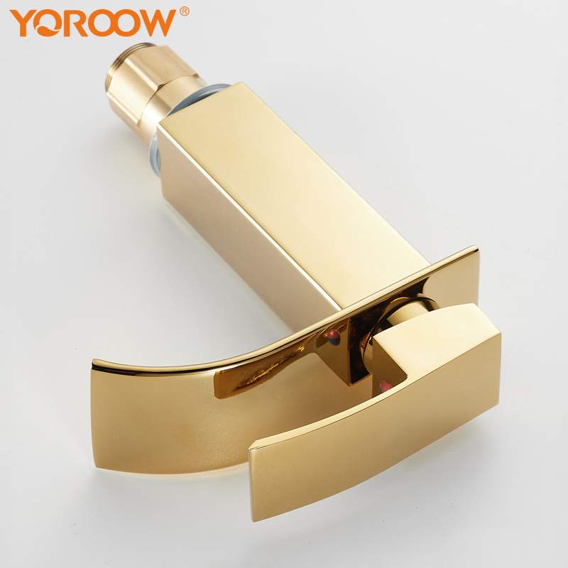 Waterfall Square Bathroom Vessel Sink Faucet Basin Mixer Tap Chrome Tall Body Single Handle One Hole Lavatory Faucet Gold Modern