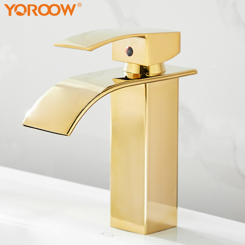 Waterfall Square Bathroom Vessel Sink Faucet Basin Mixer Tap Chrome Tall Body Single Handle One Hole Lavatory Faucet Gold Modern