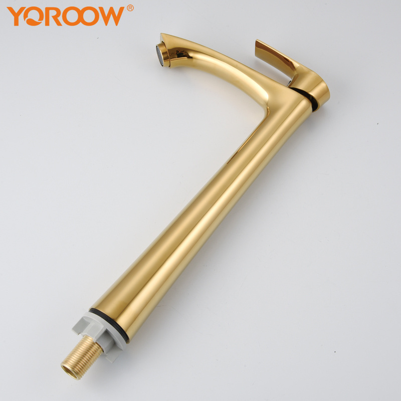 Gold Waterfall Spout Basin Faucet Tall Body Bathroom Vanity Sink Faucet Cold Water Zinc Body Lavatory Vessel Basin Faucet