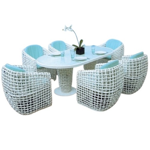 Outdoor white table and chair patio PE rattan dining table set 6 chairs outdoor chairs and tables