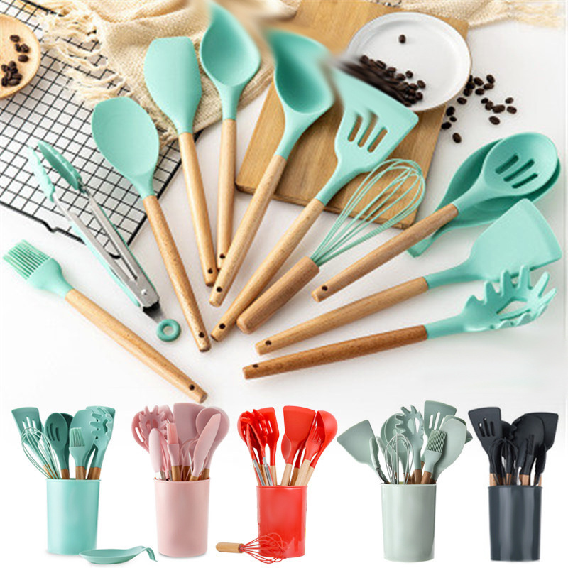 2023 New Arrival 12pcs Silicone Cooking Utensil Set With Spatula And Ladle High Resistant Wooden Handle Practical Kitchen Wares