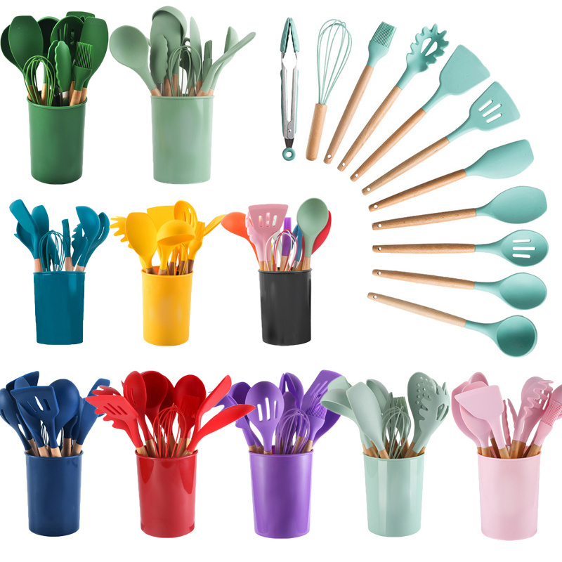 2023 New Arrival 12pcs Silicone Cooking Utensil Set With Spatula And Ladle High Resistant Wooden Handle Practical Kitchen Wares