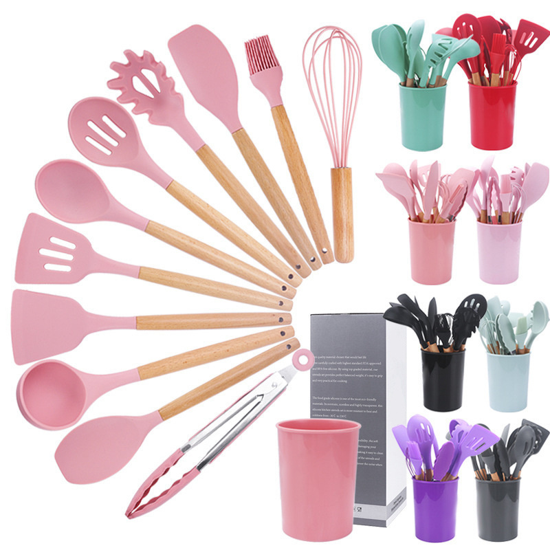 2023 New Arrival 12pcs Silicone Cooking Utensil Set With Spatula And Ladle High Resistant Wooden Handle Practical Kitchen Wares